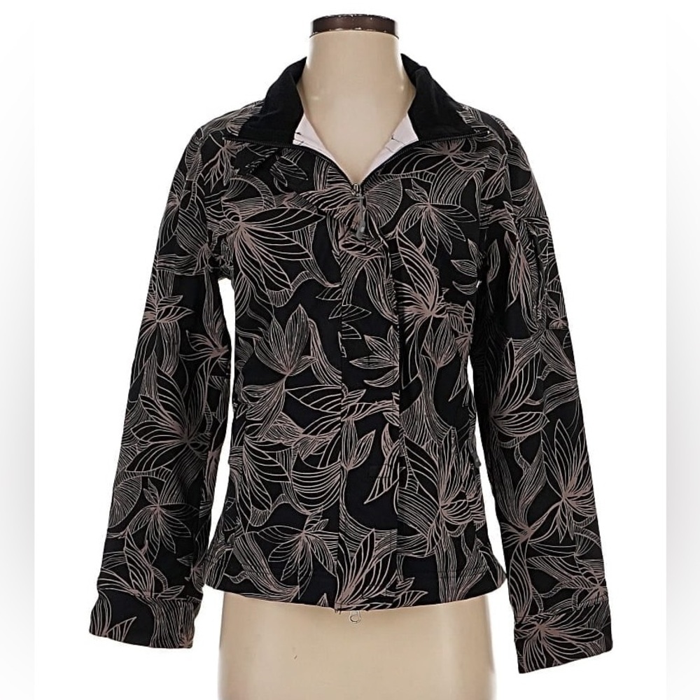 Athleta Odyssey Black Floral Print Jacket, Size XS pockets insulating warm